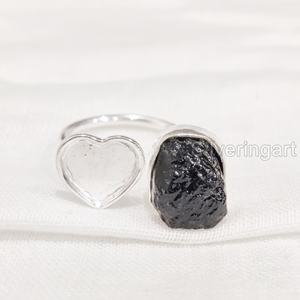 Bijoux en pierre brute Bague pour femme Tourmaline noire brute naturelle Pierre précieuse Octobre Pierre de naissance Bague coeur Bague en argent sterling 925 - Product Image 4