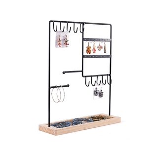 Natural Wood Polish & Golden Plating Finishing Rectangular Base Metal Wire & Wood Fashion Jewelry <b>Display</b> <b>Stand</b> With Brown - Product Image 2