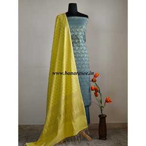 Banarasee/Banarasi Salwar Kameez Cotton Silk Zari Jaal <b>Fabric</b> With Contrast Dupatta-Grey - Product Image 1