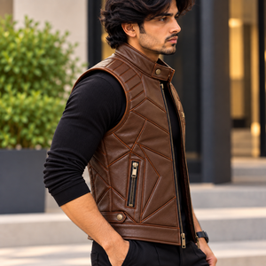 Chaleco de Motociclista de Cuero Marrón Premium Más Vendido de Saleh, Chaqueta sin Mangas para Hombre, Cuello Alto, Uso en Invierno, Bolsillos con Cremallera - Product Image 1