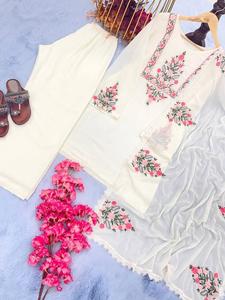 Ensemble haut de gamme pour soirée - Haut, pantalon palazzo et dupatta - Tissu haut de gamme en faux georgette avec broderie et manches cloche fantaisie - Product Image 3