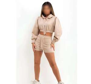 Conjunto de Sudadera con Capucha y Pantalones Cortos para Mujer, Estilo Casual Urbano, Invierno, Tallas Grandes, 2 Piezas, Color/Logotipo Personalizado, Precio Bajo, Venta al Por Mayor - Product Image 3