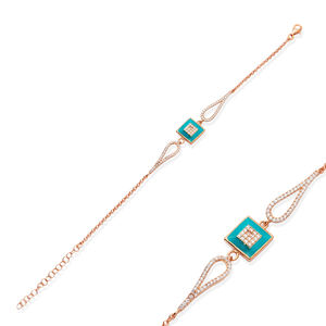 Turquoise Enamel Square Clear Zircon Stones <b>Charm</b> Bracelet Turkish Handmade Gold Plated 925 Sterling Silver Jewelry Gift Party - Product Image 3