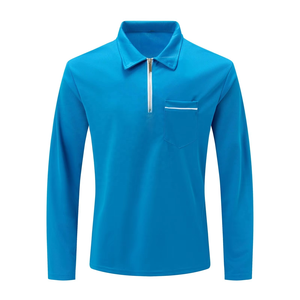 Polo de Manga Larga Azul para Hombre, Color Sólido, Tejido de Punto de Secado Rápido, Estilo Casual, Corte Regular, Diseño con Bolsillo - Product Image 1