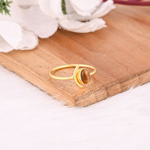 Bague en argent sterling 925 plaquée or avec œil de tigre unique, accent en cristal naturel, style bohème, mariage, anniversaire, femme - Product Image 2