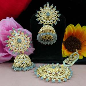 Pearls Work & Kundan Stone <b>Jhumkas</b> With Maang Tikka Kundan Stones Set In Ornate Gold Tone Metal Ideal For Weddings,Grand Festive - Product Image 3