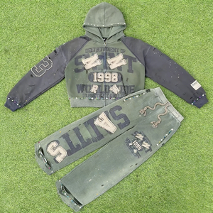 Op maat gemaakte OEM zip-up sweatsuit met strass steentjes, streetwear borduurwerk, applicatie, distressed tracksuit, wijde sweatpants en hoodie sets voor heren - Product Image 2