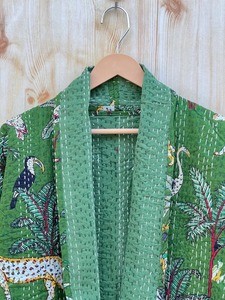 เสื้อคลุมกิโมโนลายป่าเขียวแบบเย็บมือสไตล์คันธา เสื้อคลุมสไตล์กิโมโนญี่ปุ่น เสื้อคลุมฤดูหนาว เสื้อคลุมลายบล็อก - Product Image 2