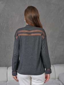 เสื้อสเวตเตอร์คอเต่าสีเทาสำหรับผู้หญิง แขนยาว ผ้าถักเนื้อเรียบ แต่งผ้าซีทรู ดีไซน์หรูหราสำหรับฤดูใบไม้ร่วง - Product Image 3