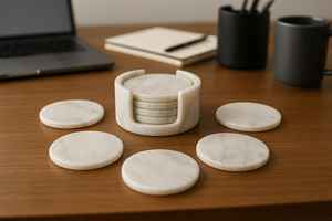 Dessous de verre en marbre personnalisé lot de 6 sous-verres ronds en onyx avec support Décoration de table minimaliste Cadeau pour pendaison de crémaillère - Product Image 2