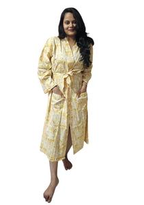 Peignoir pour femme en coton 100% imprimé à la main, motif floral jaune, vêtements de nuit, taille - 48 pouces - Product Image 4