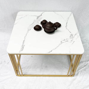 Modern Farmhouse Style Square <b>Coffee</b> <b>Table</b> 70x70x45cm Durable Stone Top Gold-Painted Frame Living Room Furniture <b>Set</b>-TT68173 - Product Image 5