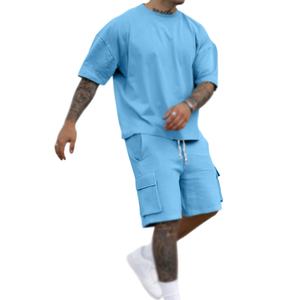 Costume deux pièces décontracté d'automne pour hommes, t-shirt à manches courtes et col rond de grande taille, short, tissu tricoté respirant, personnalisable - Product Image 1