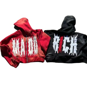 เสื้อฮู้ดดี้ทรงบ็อกซี่แบบครอป ซิปหน้า แต่งลายปัก แอพพลิเค แอซิดวอช ประดับคริสตัล  สำหรับผู้ชายและผู้หญิง สไตล์ซันเฟด แพทช์เวิร์ค - Product Image 3