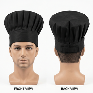 Gorro de Chef para Hombre, 245 GSM, Polialgodón, Negro, Corona Plegada, Cierre Trasero Ajustable, Bordado Personalizado, Etiqueta Tejida, Impermeable - Product Image 1