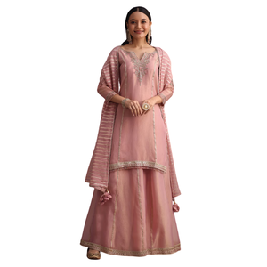 Vente en gros de vêtements ethniques pour femmes OEM vêtements ethniques personnalisés Ensemble Kurti Palazzo brodé rose oignon avec Dupatta - Product Image 2