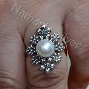 Handmade Romantic Floral Boho <b>Statement</b> <b>Ring</b> Pearl Sterling Silver Jewelry for Birthday Christmas Valentine's Day Gift for Her - Product Image 4