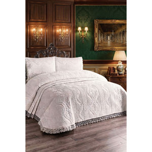 Couvre-lit double élégant en tissu de dentelle tissée couleur écru, style matelassé et détails en dentelle brodée - Product Image 1