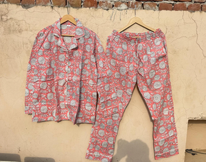 Pijama estampado a mano, Conjunto de pijama de algodón puro floral, ropa de noche de algodón indio - Product Image 3
