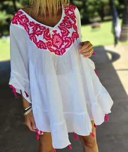Bohemian Elegant Women's 100% Cotton Embroidery Eco-Friendly Floral Sleeveless Mini Summer <b>Kaftan</b> <b>Dress</b> - Product Image 2