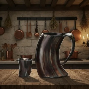 Matt Verarbeiteter Natürlicher Ochsenhorn-Becher Rustikaler Handgefertigter Echter Rinderhorn-Becher - Product Image 2
