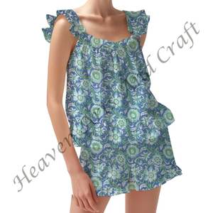 Conjunto de pijama de pantalones cortos de algodón con estampado de bloque indio, ropa de descanso, Primavera/Verano, conjunto de pijama con mangas ajustadas florales con volantes y tiras - Product Image 6