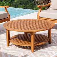 Table basse ronde en teck pour l'extérieur, table centrale en bois avec étagère inférieure, mobilier de salon moderne et minimaliste
