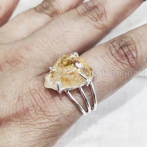 Joyería de piedra en bruto, anillo para mujer, Natural citrino piedra preciosa de crudo, piedra natal de noviembre, 3 bandas lisas, anillo de Plata de Ley 925 para fiesta - Product Image 4