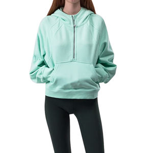 Sweat-shirt à capuche surdimensionné pour femme avec logo personnalisé, poids lourd, demi-zip, haut court, raglan, en molleton de coton, avec badge, doublé, pull d'hiver - Product Image 2