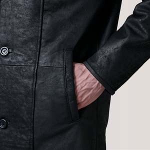 Vintage <b>Men's</b> Distressed Black <b>Shearling</b> Leather Coat Long Overcoat Hooded Collar Button Decoration Soft Wool Filled Autumn - Product Image 6