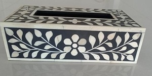 Caja de pañuelos con incrustaciones de hueso de diseñador con trabajo floral en blanco y negro para decoración de escritorio de oficina premium y fines de regalo - Product Image 2