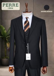 Costume sur mesure pour homme, bleu marine, en laine rayée, 3 pièces, coupe ajustée, simple boutonnage, deux boutons, double fente, infroissable, haute qualité - Product Image 2