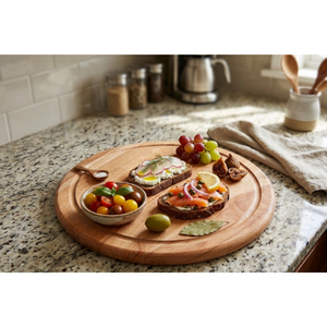 Tabla de cortar redonda de madera de haya de 22 cm con ranura para jugo, acabado con aceite vegetal, tabla para servir, venta al por mayor, logotipo personalizado - Product Image 2