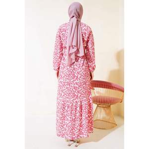 Patterned Crepe Dress With <b>Elastic</b> Waist Casual Powder Design - Product Image 1