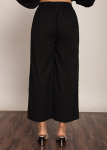 Women's Black Solid Cotton Wide Leg Pants Good Quality with 2 <b>Pockets</b> Elastic <b>Belt</b> Sexy Relaxed Ladies Pant Natural Waistline - Product Image 4