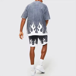 Men's Oversized Acid Wash Cotton T-<b>Shirt</b> With <b>Flame</b> Print Street Style Short Sleeve O-Neck Jersey Tee - Product Image 4
