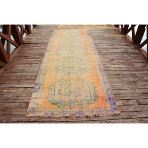 Tapis en laine turque orange et violet vintage 4 X 10,9ft tissage plat Patchwork Design pour salon décor voiture utilisation avec support en latex - Product Image 1