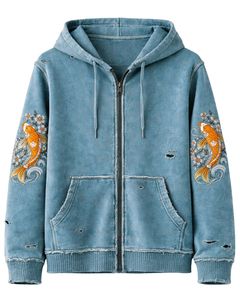 Sweat à capuche zippé bleu délavé avec broderie de poisson koi, streetwear délavé, vêtement personnalisé OEM, veste en coton teint en pièce - Product Image 1