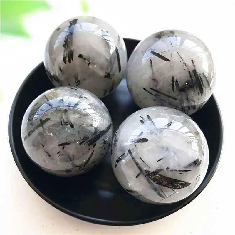 High Quality Black Rutilated Sphere Ball Natural White Agate Rutilated Spheres Healing Gemstone Rutilated Quartz Ball Sphere
