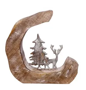 Aluminium Kerstboom En Herten Op Houten Rots Handgemaakte Metalen Tafelblad Decoratief Kerstcadeau Te Koop