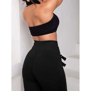 Women's High-Waisted Front Cross Eyelet Detail Scuba <b>Leggings</b>, 31876 - <b>Black</b> - Product Image 4