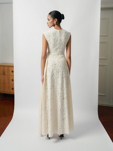 Vestidos Largos sin Mangas para Mujer, Vestido de Encaje Floral con Cuello Redondo, NELLA EMB LACE DRAPED MIDI DRESS WHITEANT, Ropa de Alta Gama para Mujer - Product Image 5