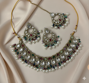 Designer Party Wear Gold Plated Zircon <b>Stone</b> Jewelry Traditional Beautiful Design Simple Choker NecklaceSet Earring Women - Product Image 2