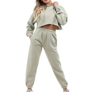 Qualité supérieure femmes deux pièces ensemble couleur unie à manches longues fermeture éclair col montant ensemble lâche sport survêtements décontractés - Product Image 1