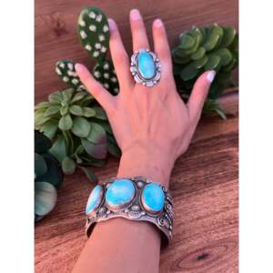 Navajo Fine Jewelry <b>Sets</b> Big Nugget Turquoise & Sterling Silver Cuff <b>Bracelet</b> & Ring Size 8 - Product Image 2