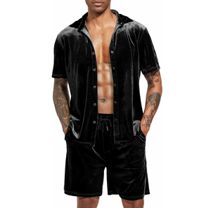 T-shirt et short en velours pour hommes pull de service OEM nouveau design doux été de qualité supérieure respirant ensembles courts en velours noir - Product Image 1
