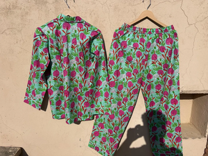 Pyjama indien imprimé main bloc Floral pur coton pyjama ensemble indien vêtements de nuit en coton - Product Image 6