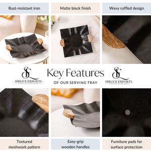 Bandeja de servicio de metal con estilo superventas con tiradores de madera de grabado de hierro curvo para decoración del hogar bodas Diwali Ramadán OEM ODM - Product Image 5