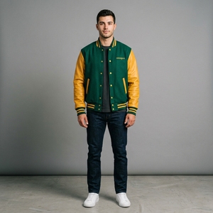 เสื้อแจ็คเก็ต Pro Green Gold Letterman ตัวเสื้อทำจากผ้าขนสัตว์ แขนเสื้อทำจากหนัง คอเสื้อและปลายแขนเสื้อถักแบบริบ ติดกระดุมแป๊กด้านหน้า โลโก้สั่งทำได้ เสื้อผ้าสตรีทแวร์ เสื้อคลุมสำหรับผู้ชาย - Product Image 1