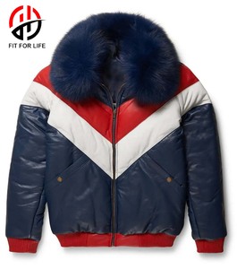 Veste bomber en PU pour homme FIT FOR LIFE, col en fourrure, couleur contrastée, manteau d'hiver épais, fermeture éclair sur le devant, style décontracté - Product Image 1